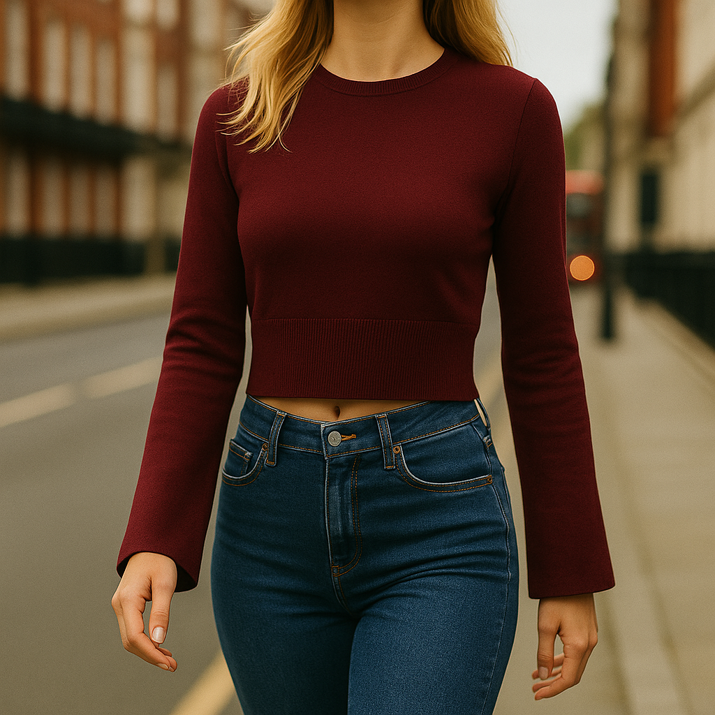 Knit cropped sweater with fitted waist and flared sleeves, styled in a modern silhouette