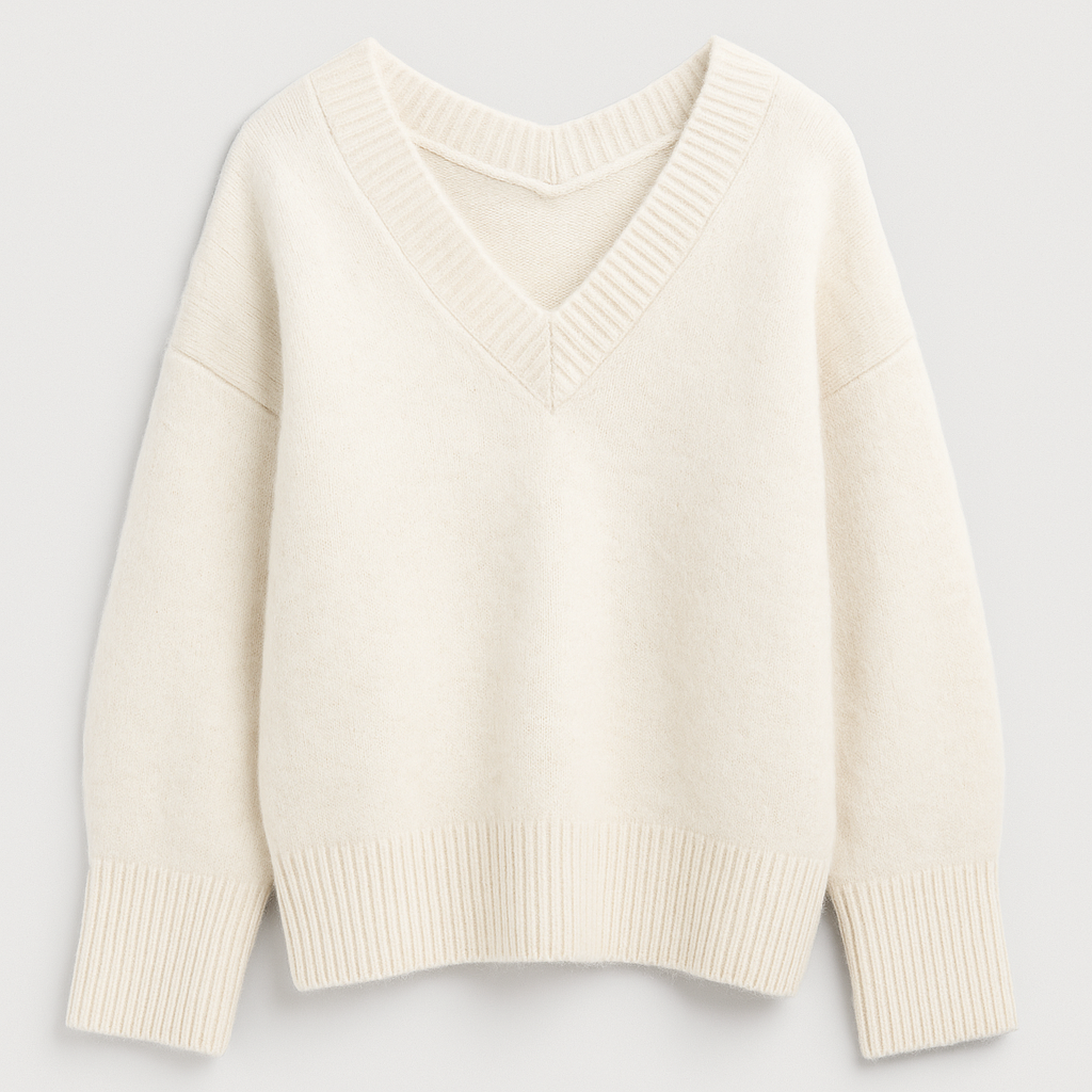 Knit v-neck sweater with ribbed cuffs and relaxed fit, styled in a soft cozy texture