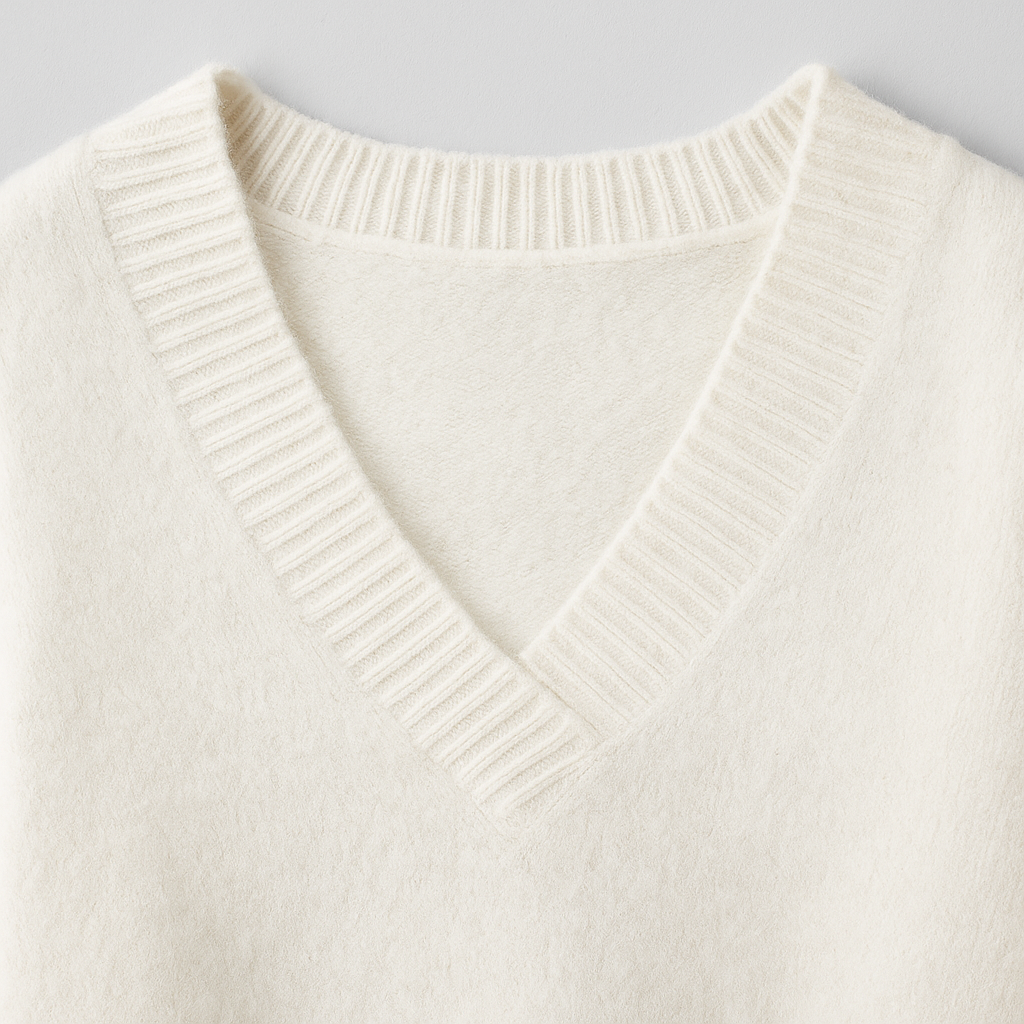 Knit v-neck sweater with ribbed cuffs and relaxed fit, styled in a soft cozy texture