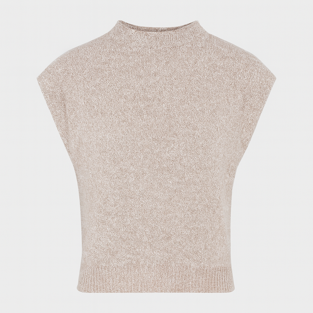 Knit cap sleeve top with mock neckline and tailored fit, styled in a minimalist design