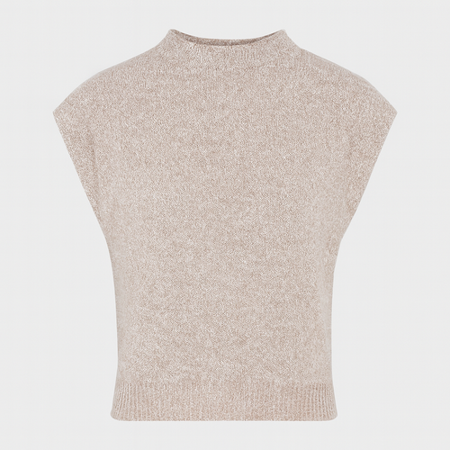 Knit cap sleeve top with mock neckline and tailored fit, styled in a minimalist design