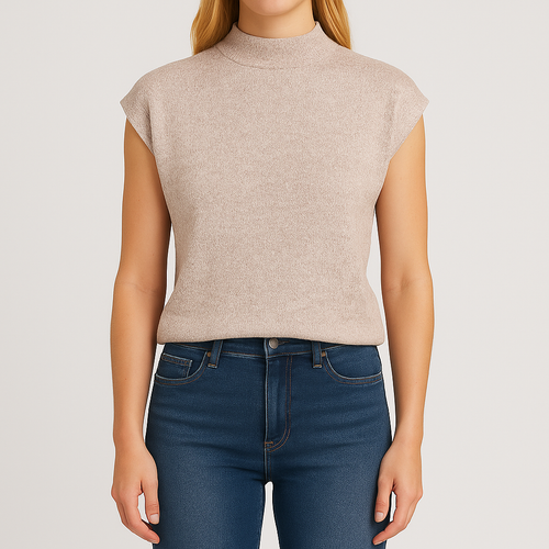 Knit cap sleeve top with mock neckline and tailored fit, styled in a minimalist design