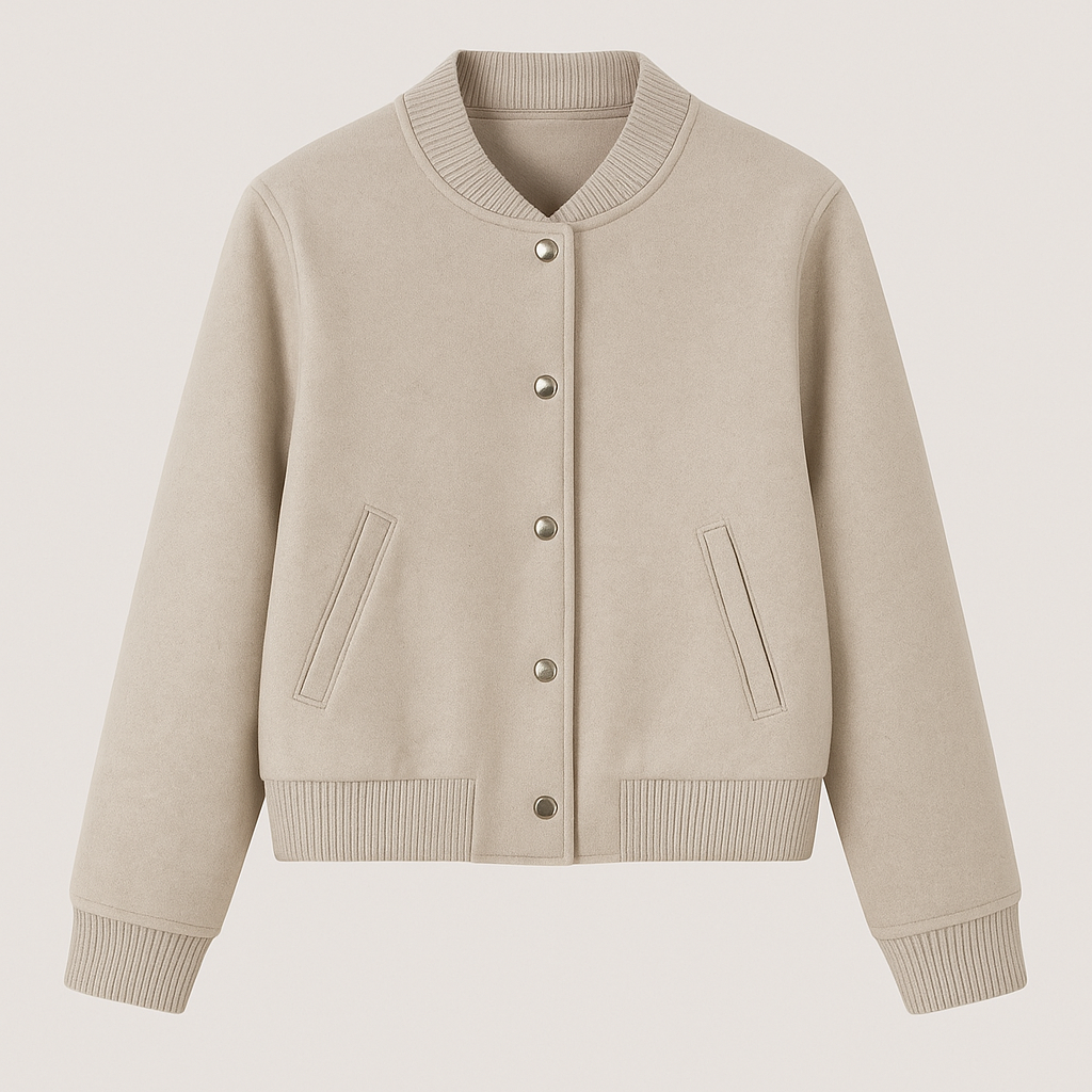 Wool bomber jacket with ribbed trim and snap-button closure, styled in a cropped modern fit