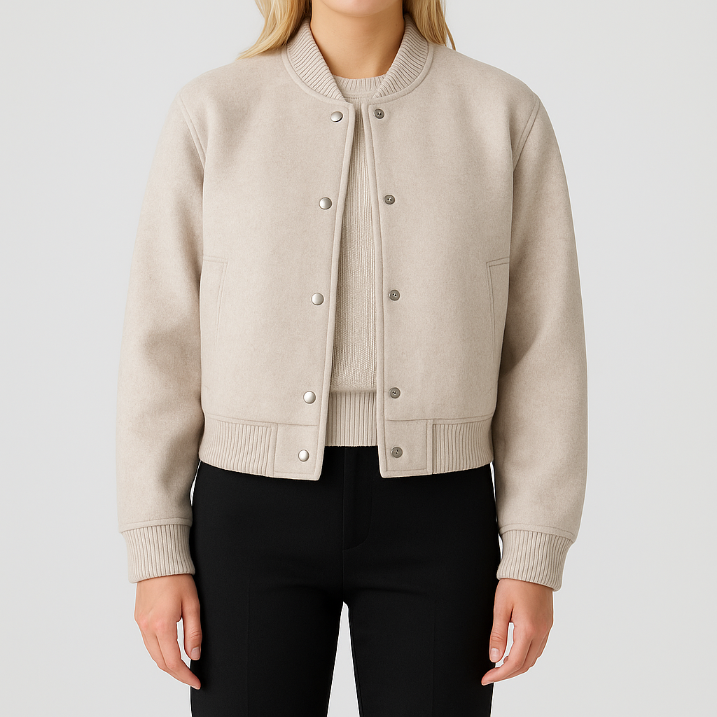 Wool bomber jacket with ribbed trim and snap-button closure, styled in a cropped modern fit