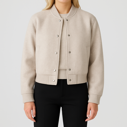 Wool bomber jacket with ribbed trim and snap-button closure, styled in a cropped modern fit
