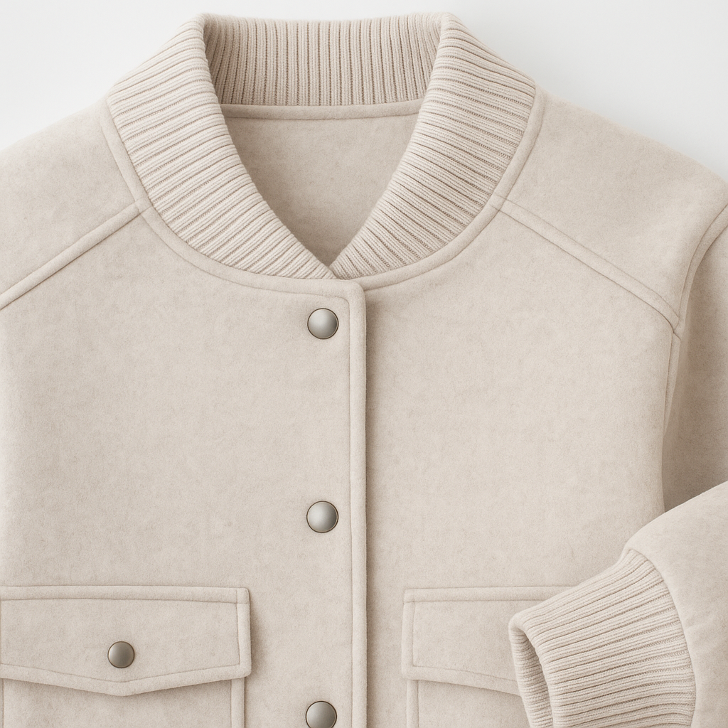 Wool bomber jacket with ribbed trim and snap-button closure, styled in a cropped modern fit