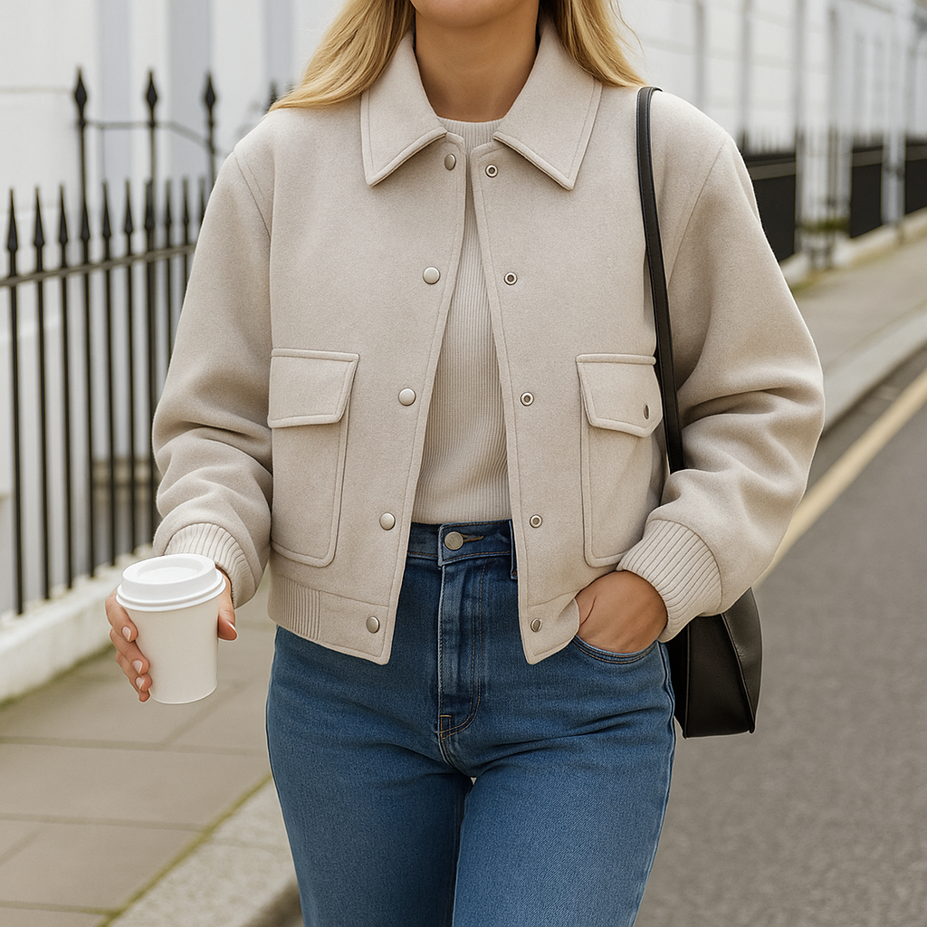 Wool bomber jacket with ribbed trim and snap-button closure, styled in a cropped modern fit