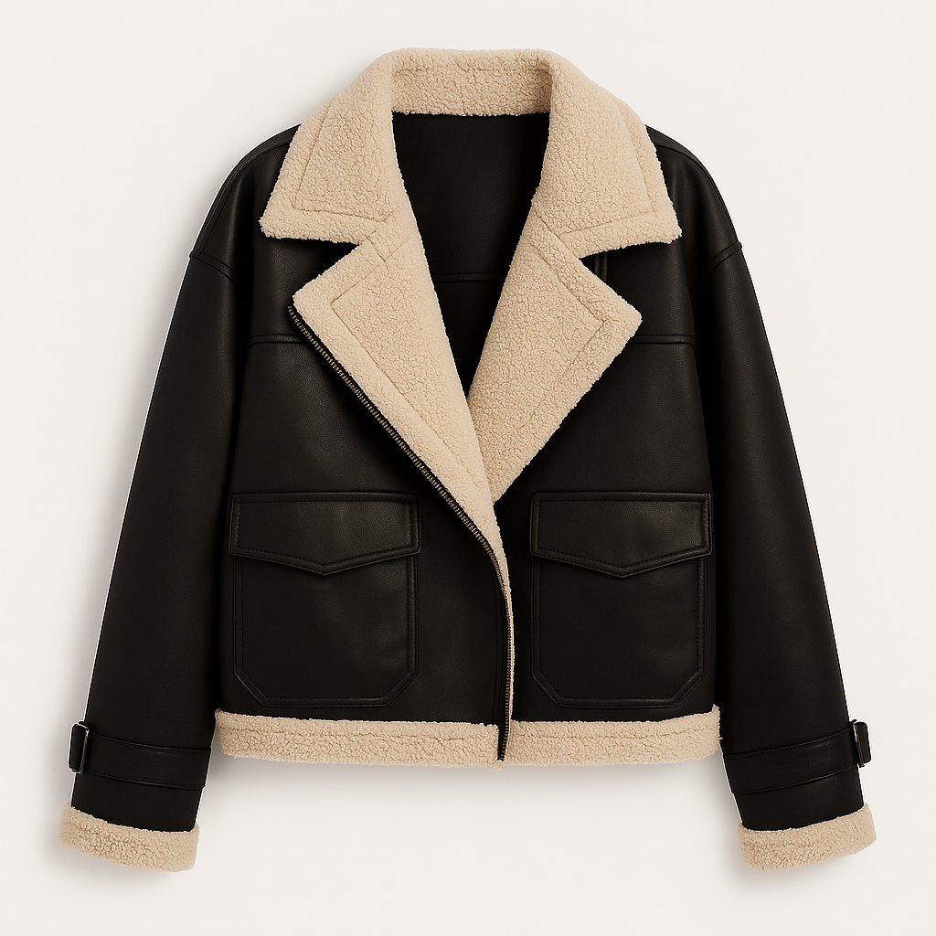 Shearling-lined moto jacket with wide lapel collar and belted cuffs, styled in a cropped modern silhouette