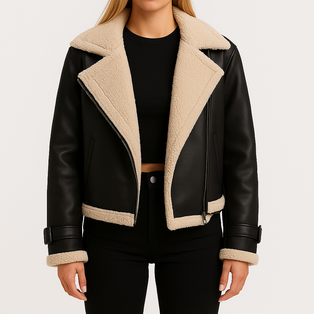 Shearling-lined moto jacket with wide lapel collar and belted cuffs, styled in a cropped modern silhouette
