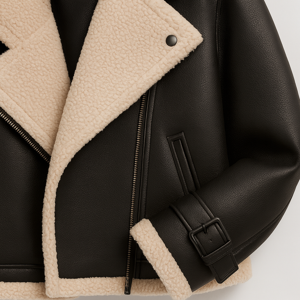 Shearling-lined moto jacket with wide lapel collar and belted cuffs, styled in a cropped modern silhouette