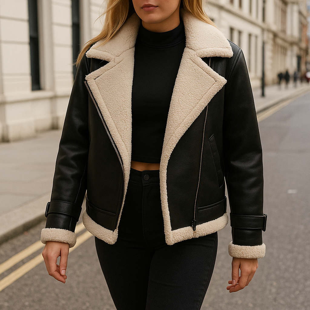 Shearling-lined moto jacket with wide lapel collar and belted cuffs, styled in a cropped modern silhouette