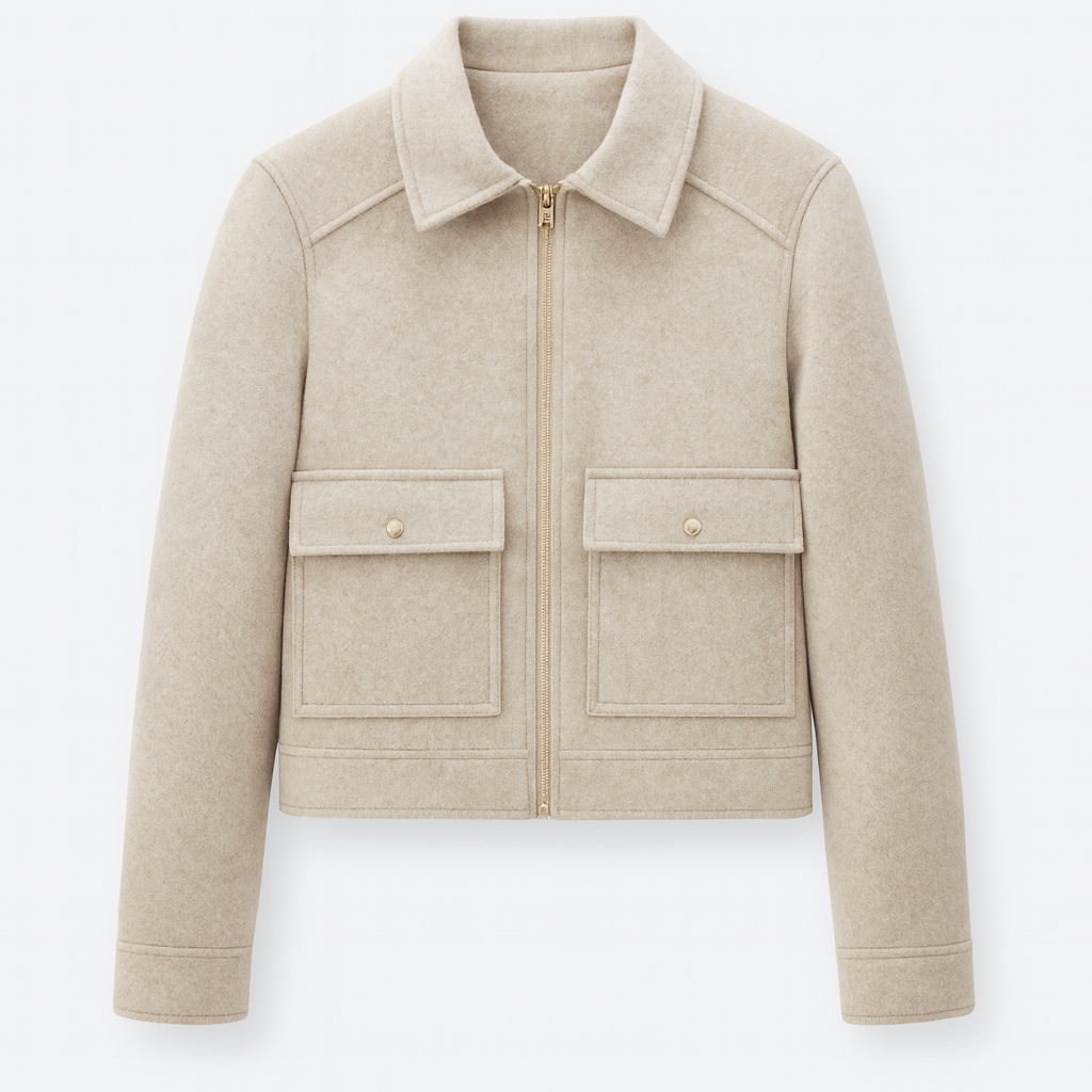 Wool zip jacket with flap pockets and structured silhouette, styled in a minimalist design