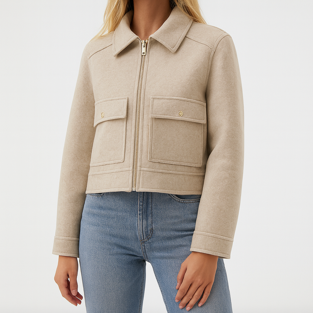 Wool zip jacket with flap pockets and structured silhouette, styled in a minimalist design