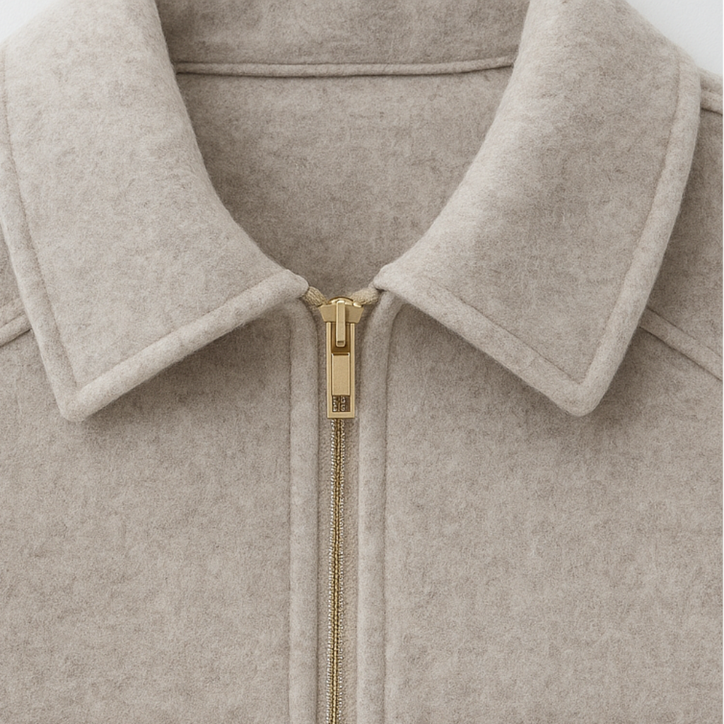 Wool zip jacket with flap pockets and structured silhouette, styled in a minimalist design