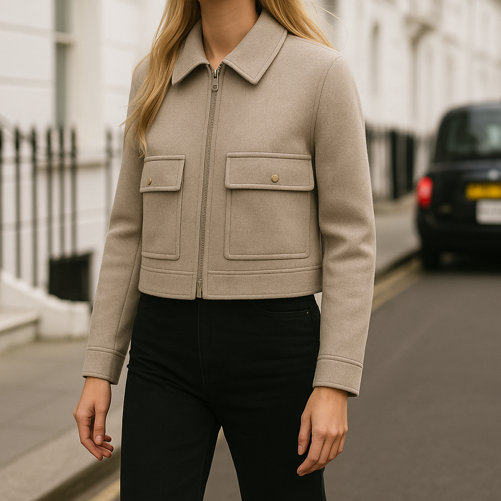 Wool zip jacket with flap pockets and structured silhouette, styled in a minimalist design