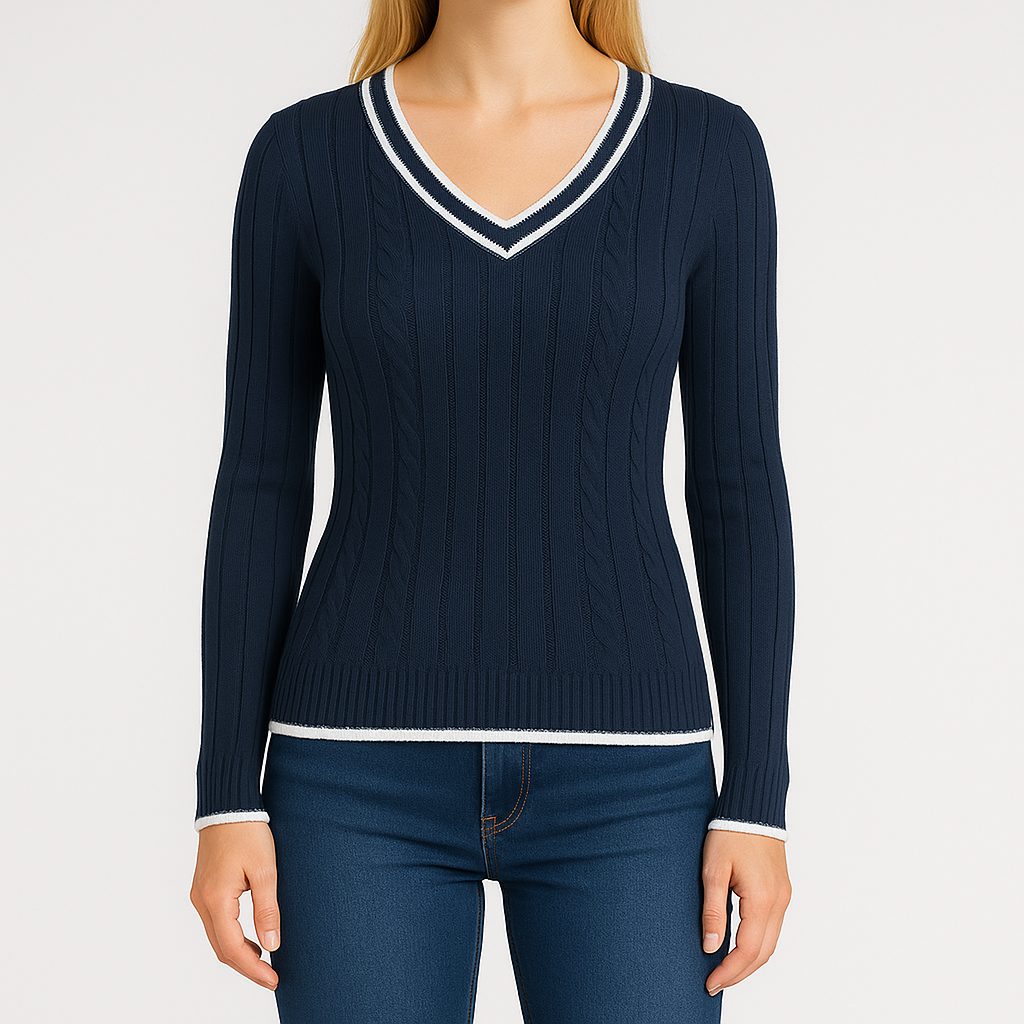 Knit v-neck sweater with ribbed texture and white-trim neckline, styled in a fitted silhouette