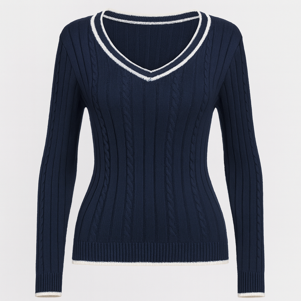 Knit v-neck sweater with ribbed texture and white-trim neckline, styled in a fitted silhouette