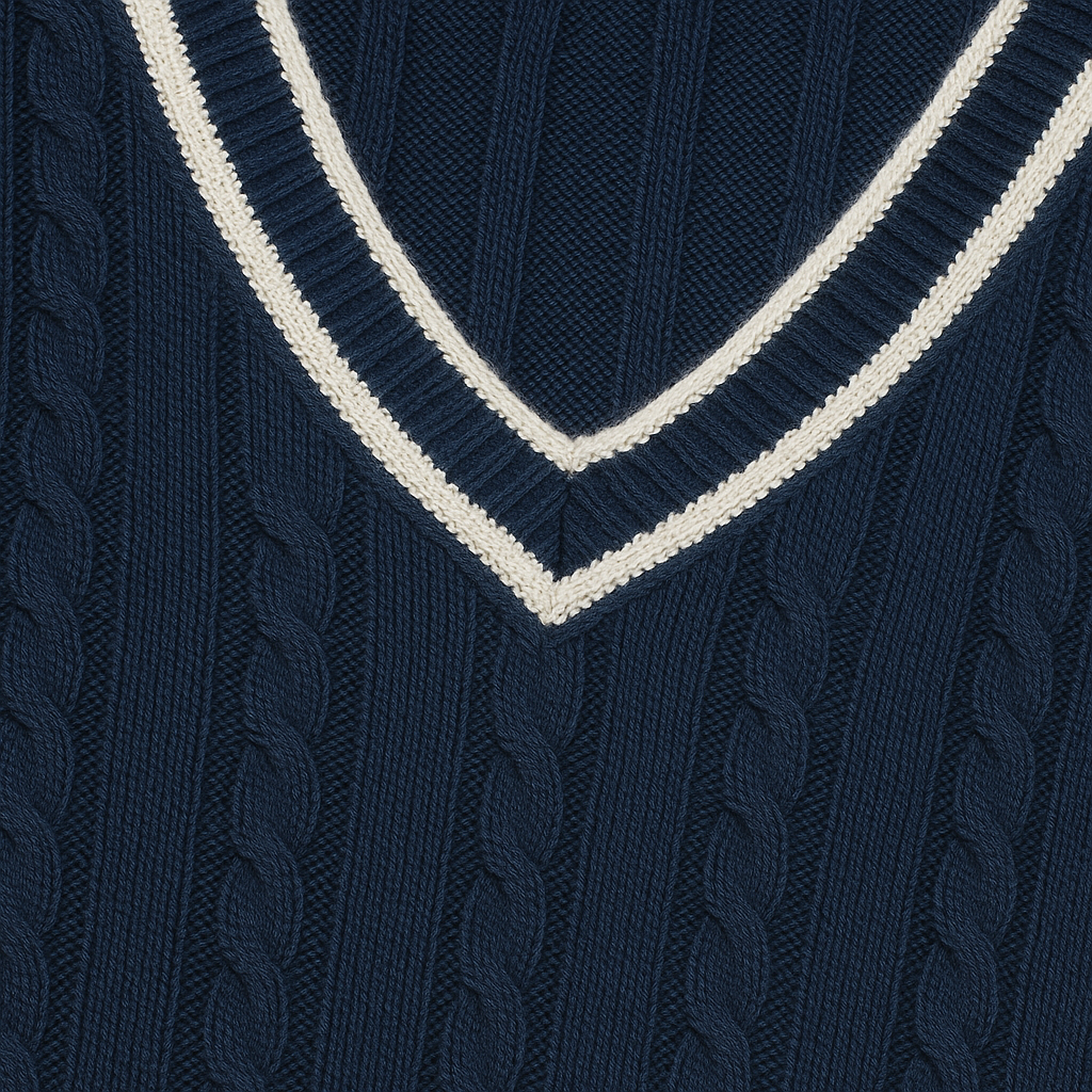 Knit v-neck sweater with ribbed texture and white-trim neckline, styled in a fitted silhouette