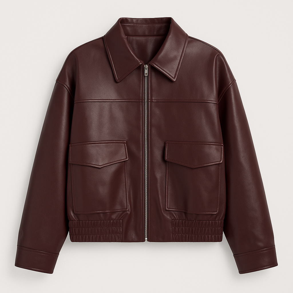 Faux leather jacket with zip-up front and collared neckline, styled in a relaxed modern fit