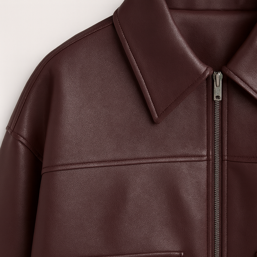 Faux leather jacket with zip-up front and collared neckline, styled in a relaxed modern fit