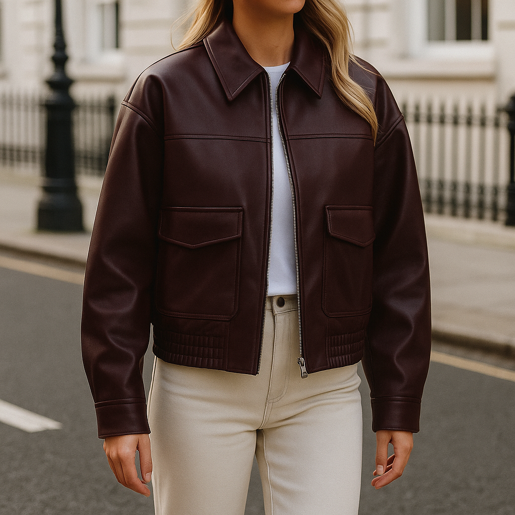 Faux leather jacket with zip-up front and collared neckline, styled in a relaxed modern fit
