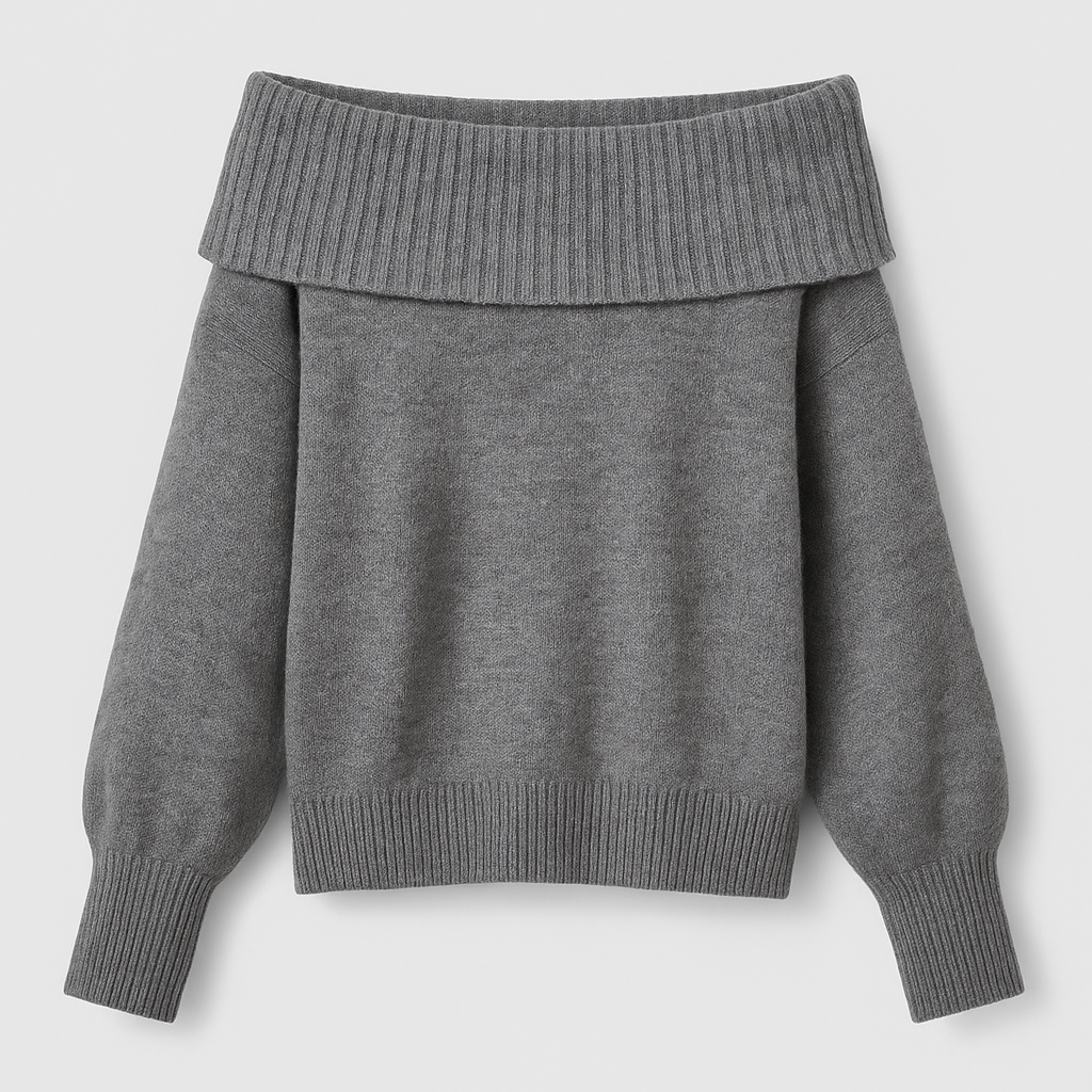 Knit off-shoulder sweater with ribbed fold-over neckline and relaxed fit, styled in a soft drape