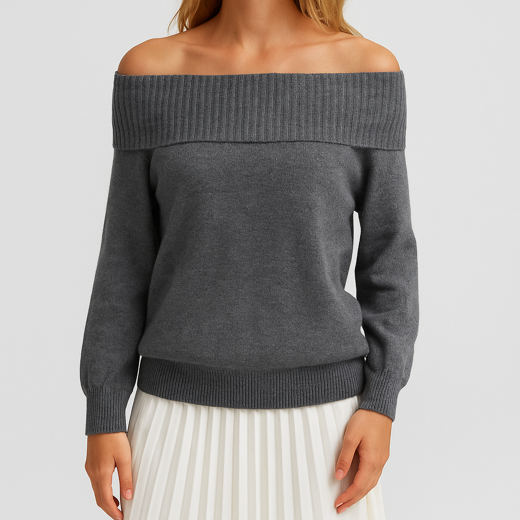 Knit off-shoulder sweater with ribbed fold-over neckline and relaxed fit, styled in a soft drape