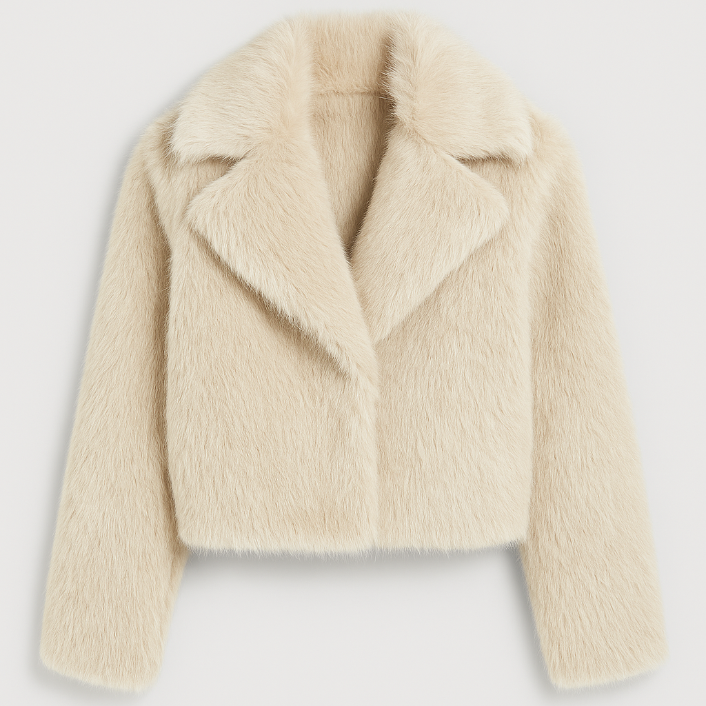 Faux fur jacket with cropped fit and wide collar, styled in a luxurious soft texture