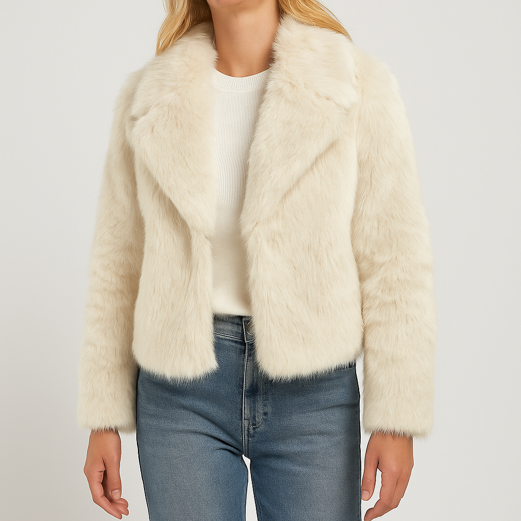 Faux fur jacket with cropped fit and wide collar, styled in a luxurious soft texture