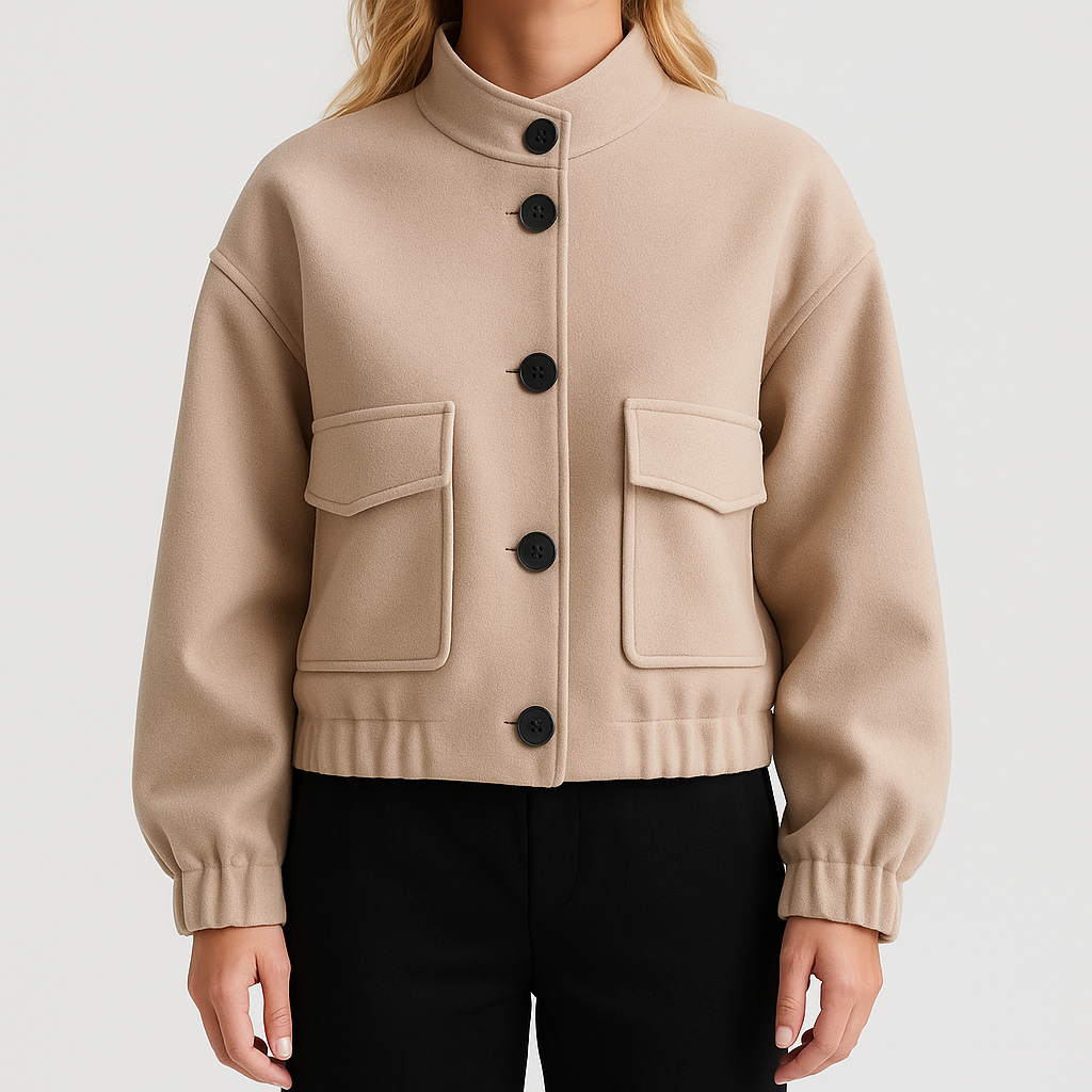 Structured cropped jacket with button closure and stand collar, styled in a minimalist silhouette