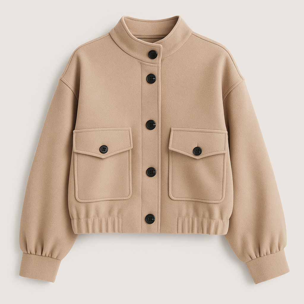 Structured cropped jacket with button closure and stand collar, styled in a minimalist silhouette