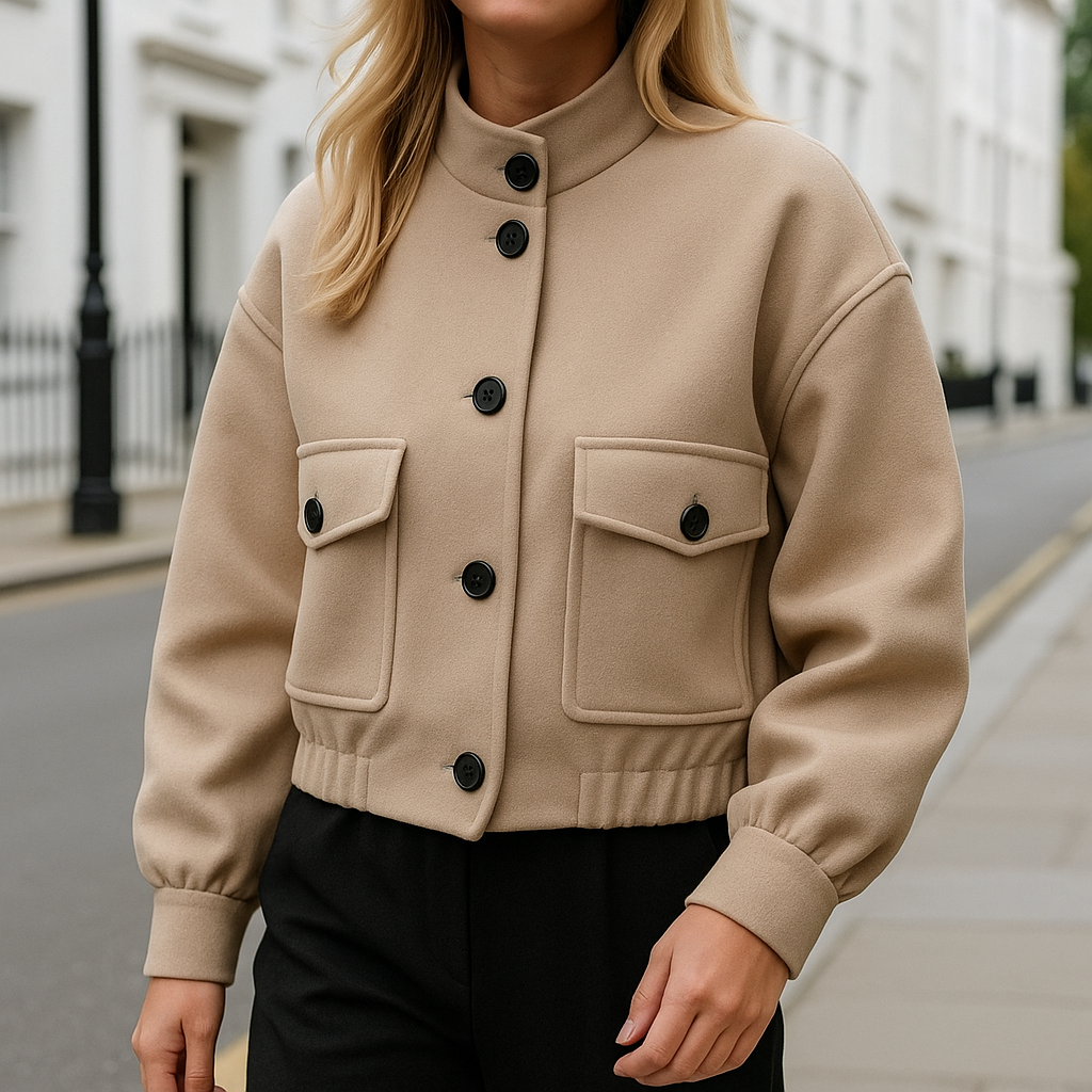 Structured cropped jacket with button closure and stand collar, styled in a minimalist silhouette