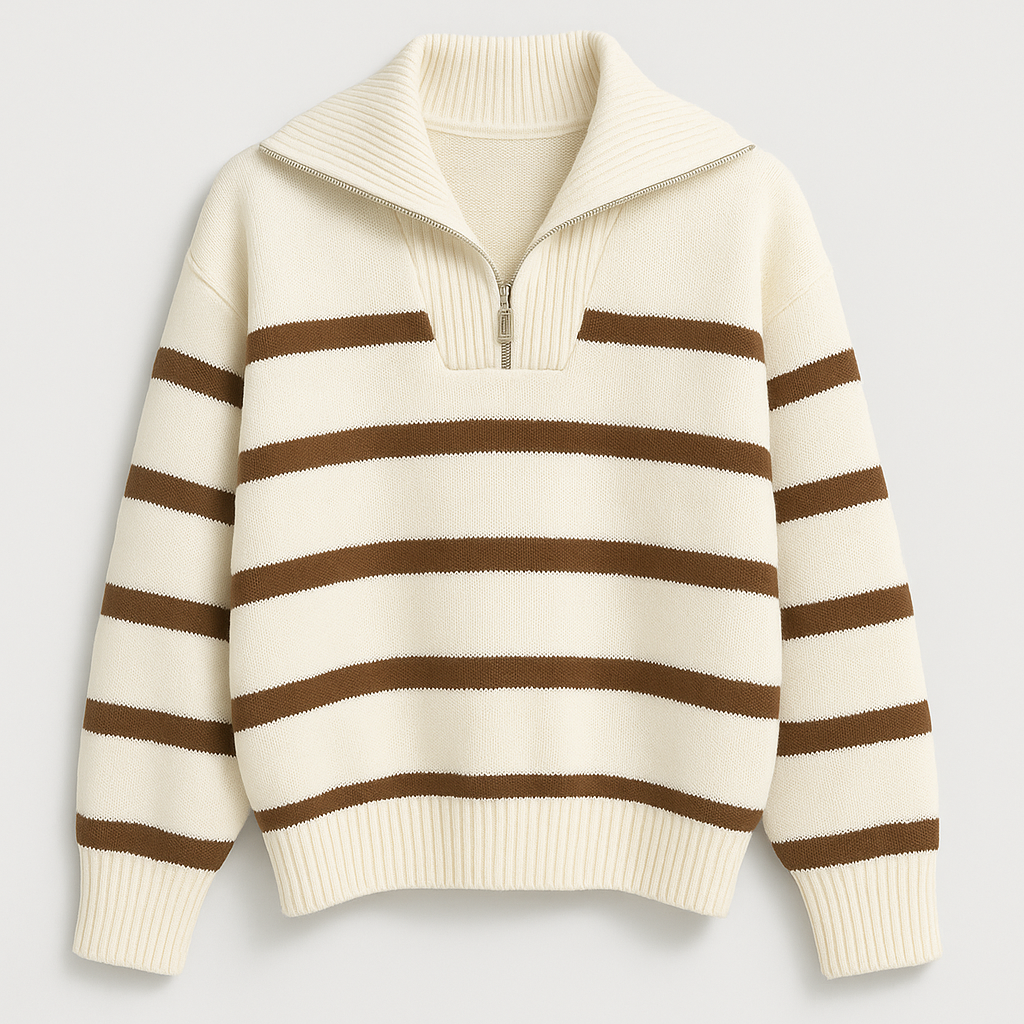 Knit striped zip collar sweater with half-zip front and ribbed details, styled in a relaxed fit