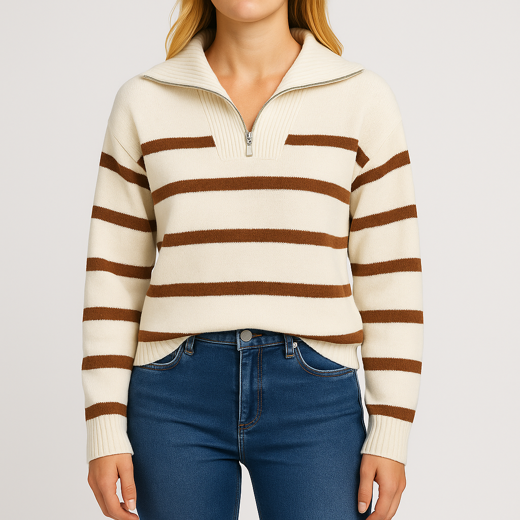 Knit striped zip collar sweater with half-zip front and ribbed details, styled in a relaxed fit