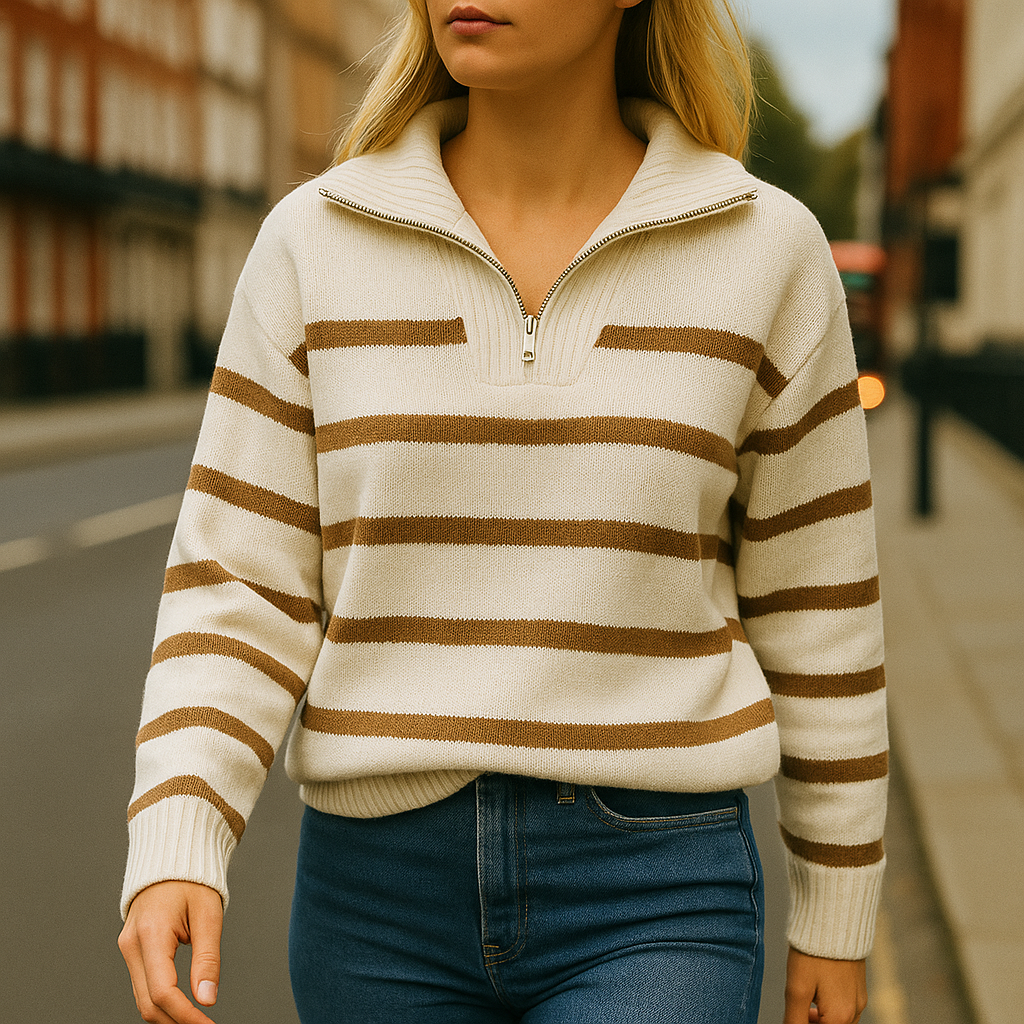 Knit striped zip collar sweater with half-zip front and ribbed details, styled in a relaxed fit