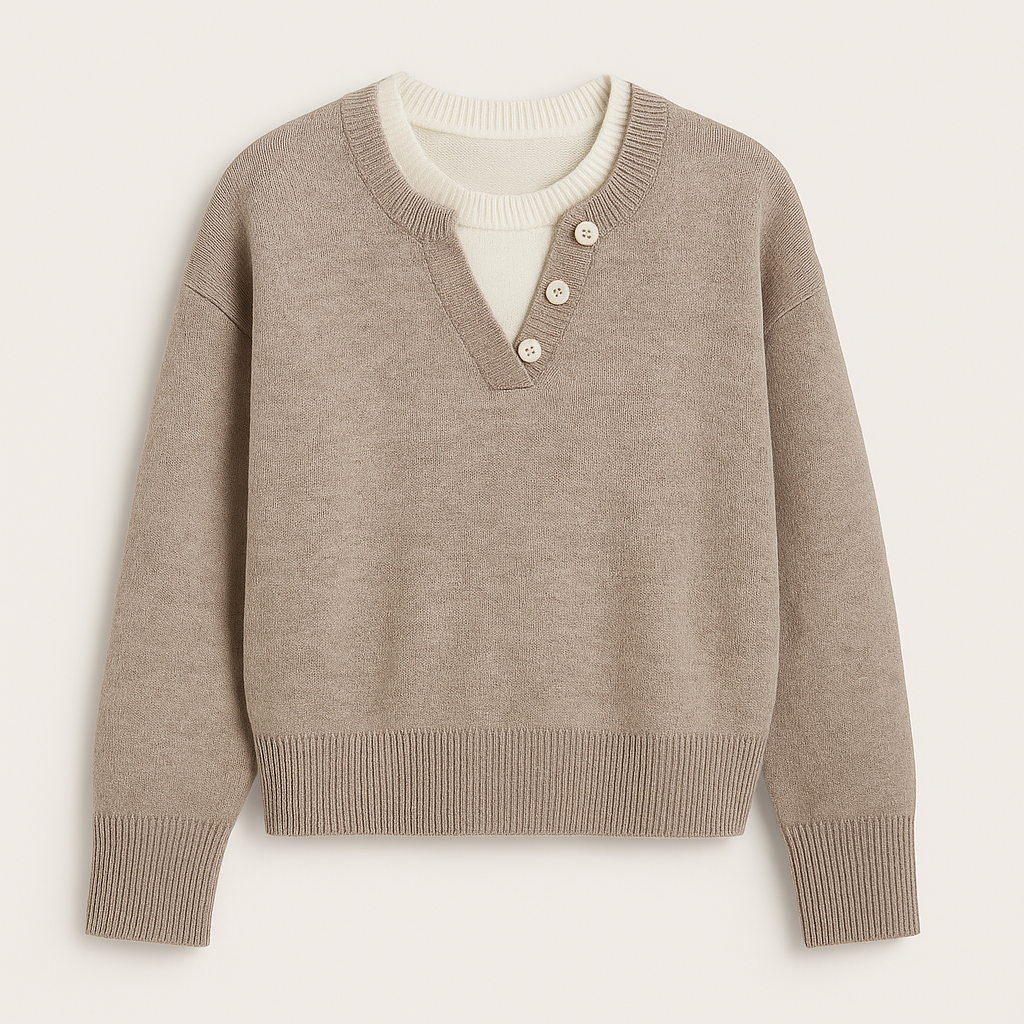 Knit button sweater with relaxed fit and partial placket, styled in a soft neutral tone