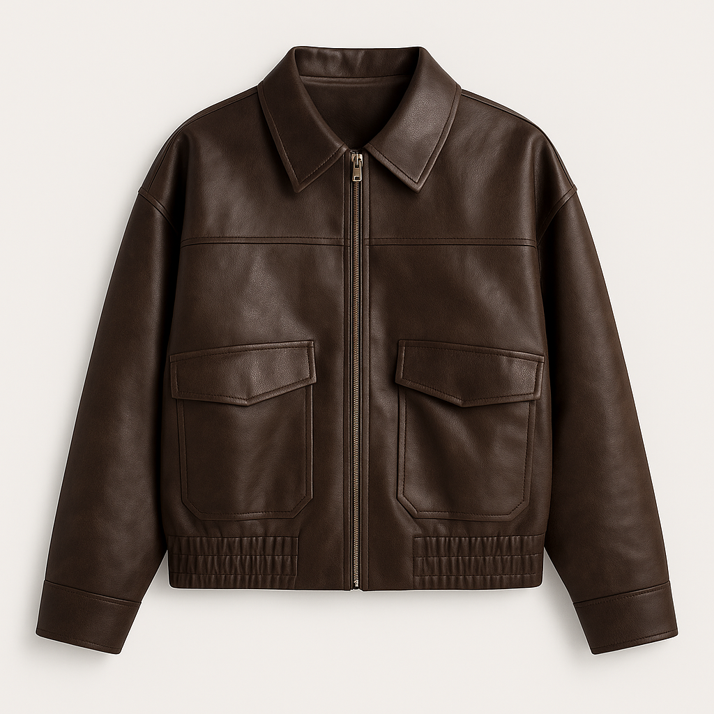 Faux leather zip-up jacket with collared neckline and ribbed cuffs, styled in a relaxed casual fit