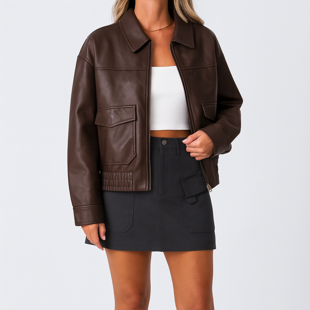 Faux leather zip-up jacket with collared neckline and ribbed cuffs, styled in a relaxed casual fit
