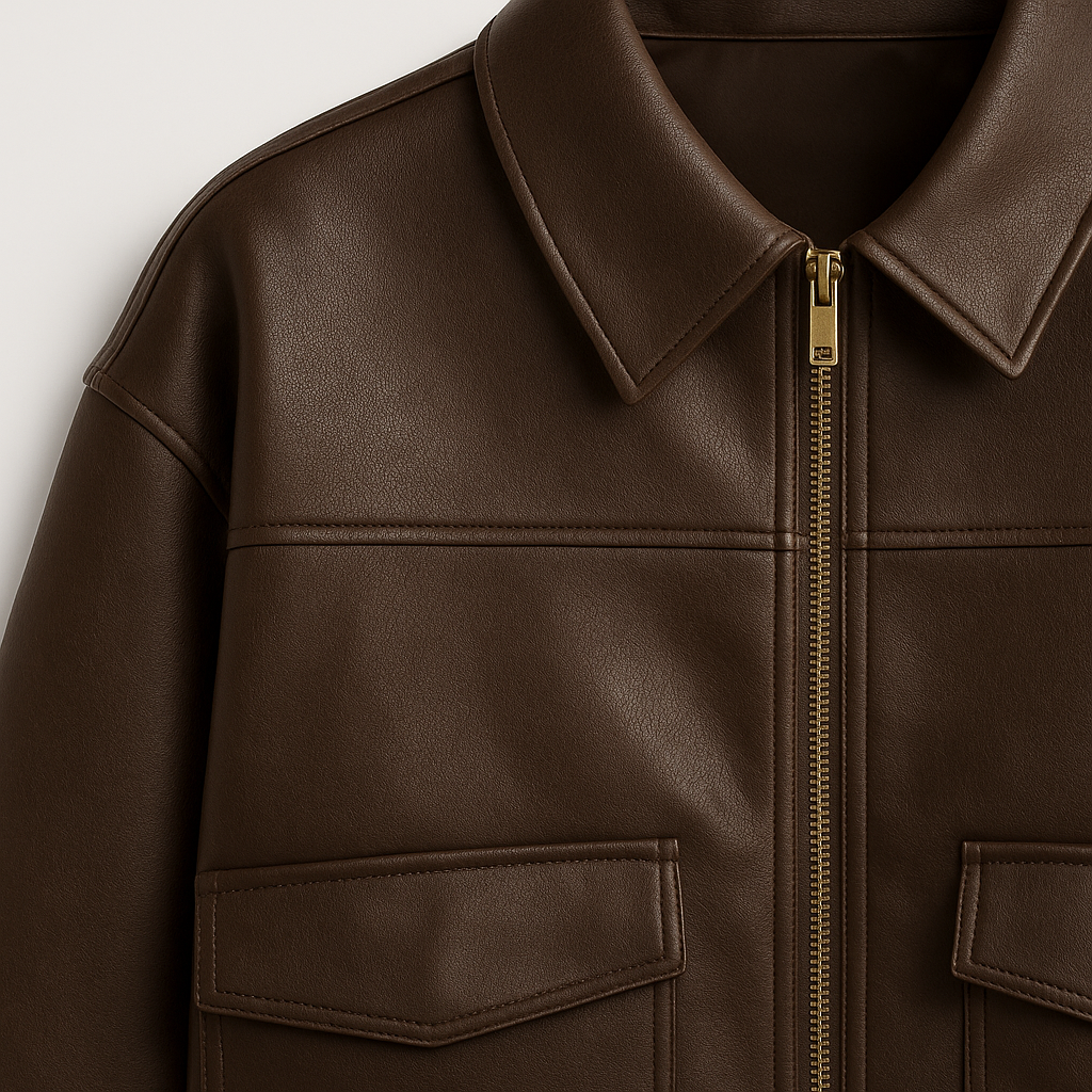 Faux leather zip-up jacket with collared neckline and ribbed cuffs, styled in a relaxed casual fit