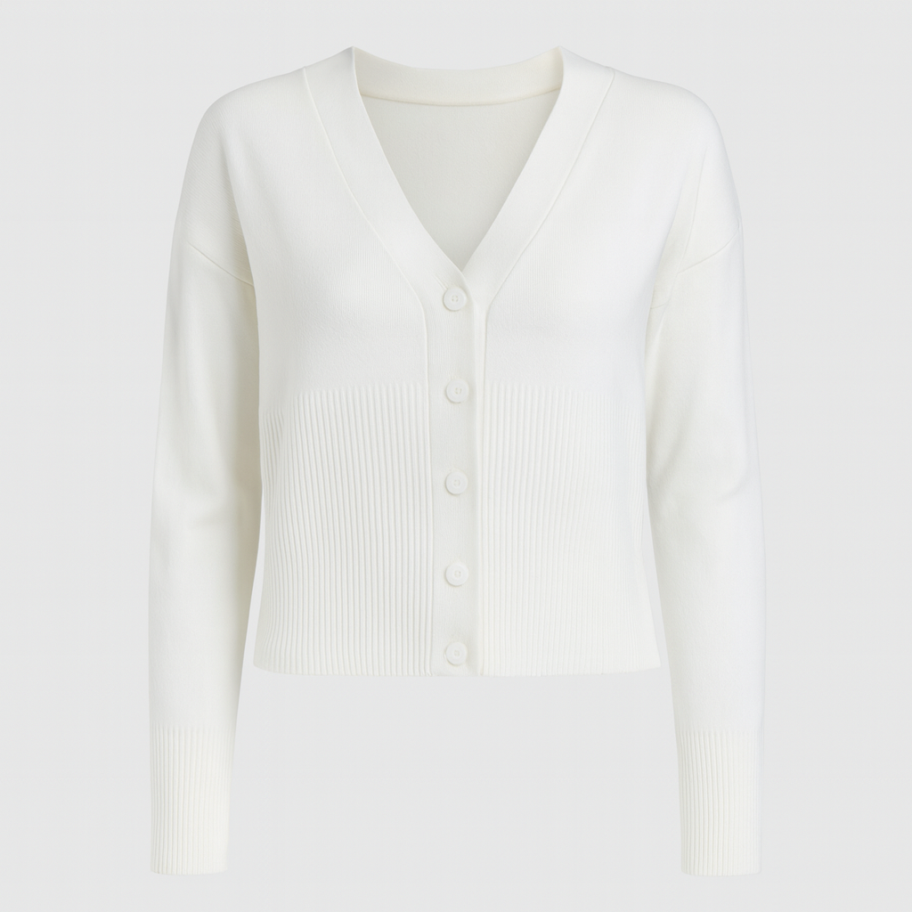 Alt Text: Knit button-up cardigan with ribbed waist and slim fit, styled in a modern silhouette