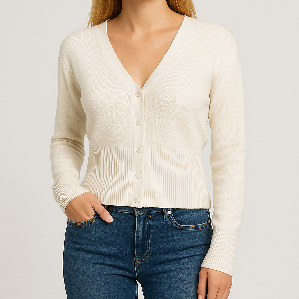 Alt Text: Knit button-up cardigan with ribbed waist and slim fit, styled in a modern silhouette