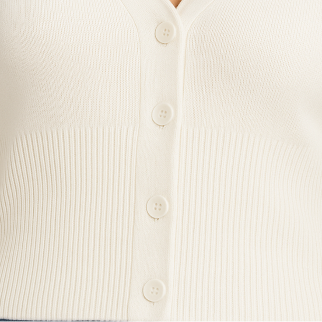 Alt Text: Knit button-up cardigan with ribbed waist and slim fit, styled in a modern silhouette