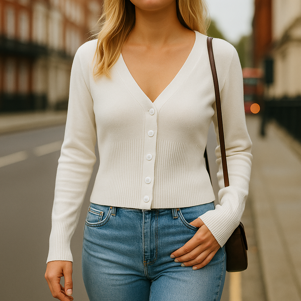 Alt Text: Knit button-up cardigan with ribbed waist and slim fit, styled in a modern silhouette