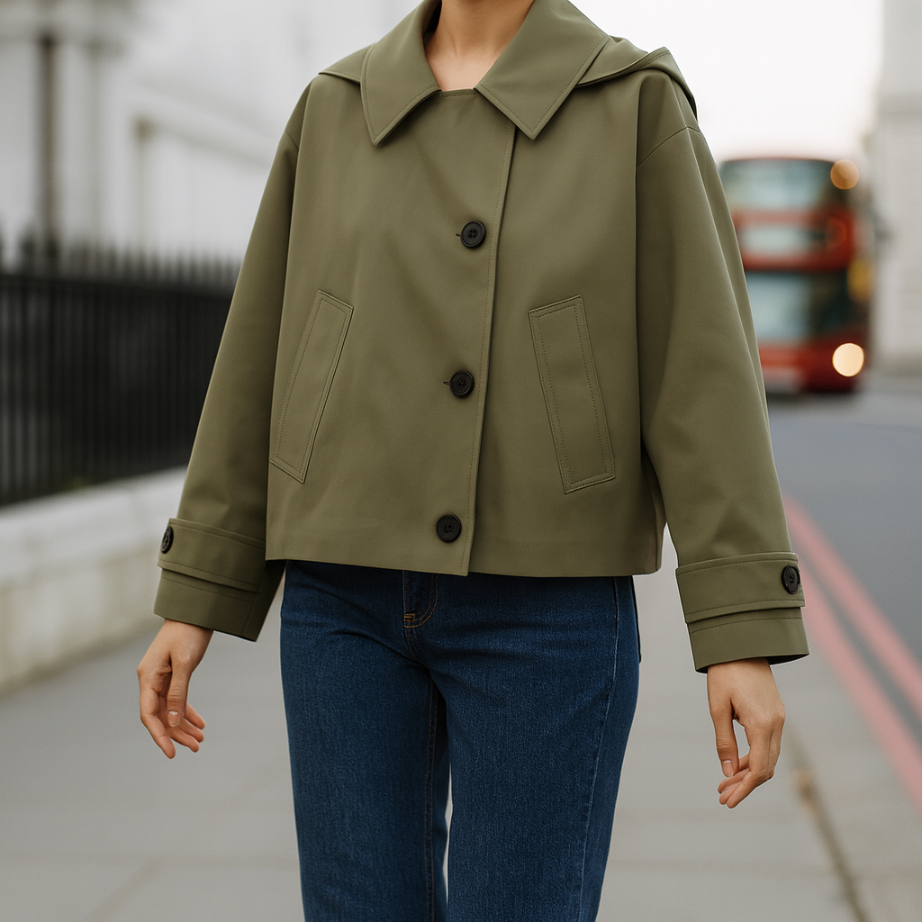 Utility-style jacket with button front and boxy fit, featuring wide cuffs and a spread collar
