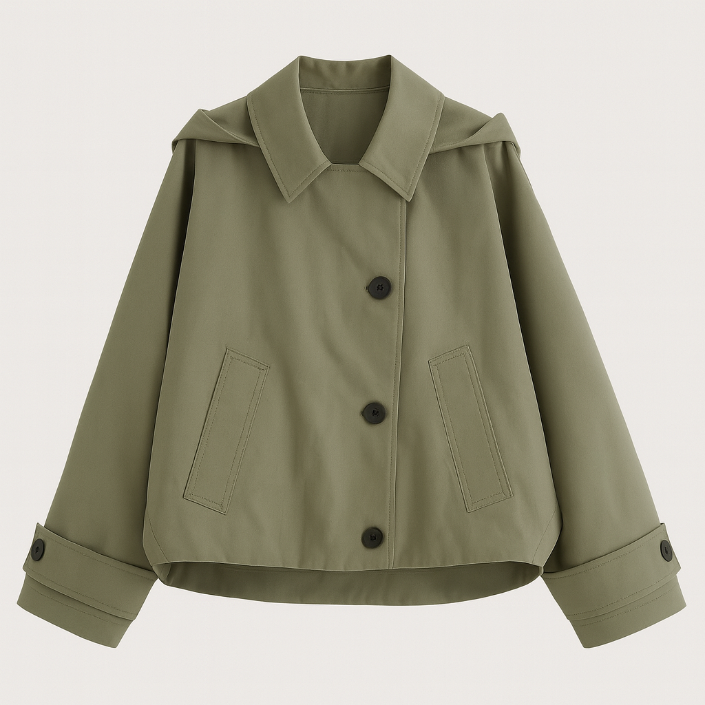 Utility-style jacket with button front and boxy fit, featuring wide cuffs and a spread collar