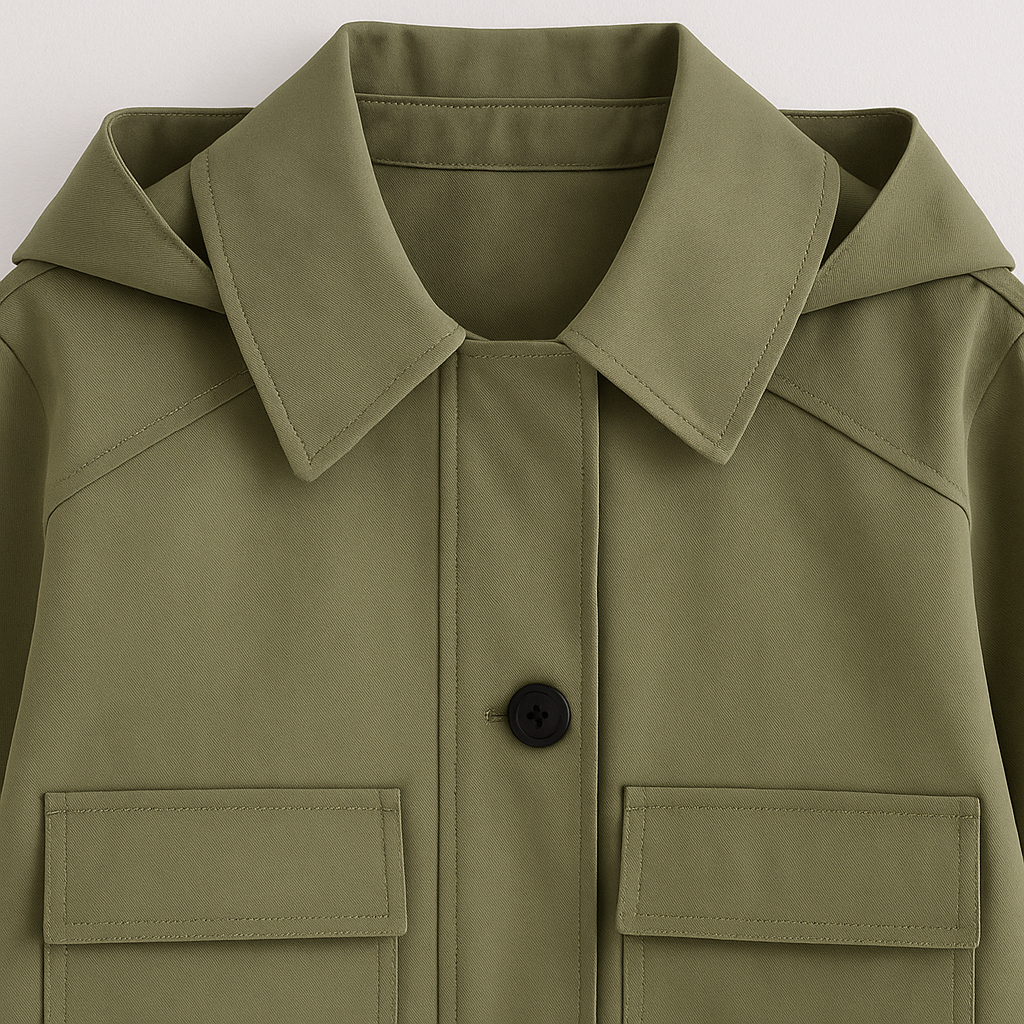 Utility-style jacket with button front and boxy fit, featuring wide cuffs and a spread collar