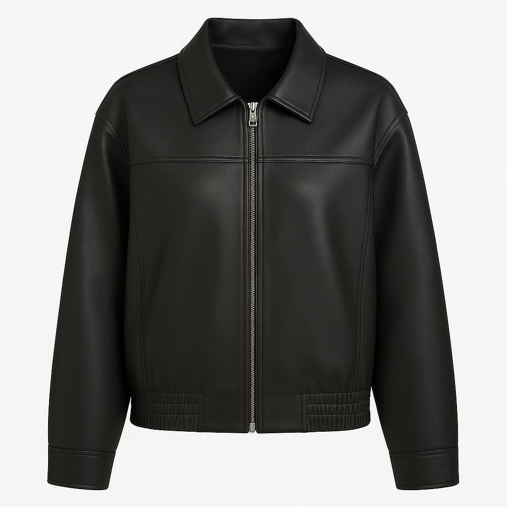 Faux leather zip-up jacket with collared neckline and relaxed fit, styled for a sleek and modern look