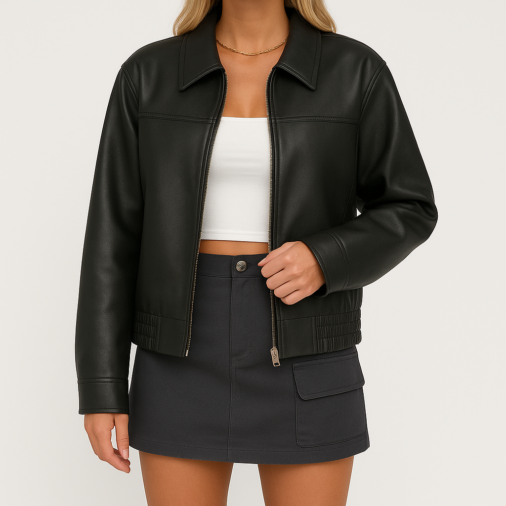 Faux leather zip-up jacket with collared neckline and relaxed fit, styled for a sleek and modern look