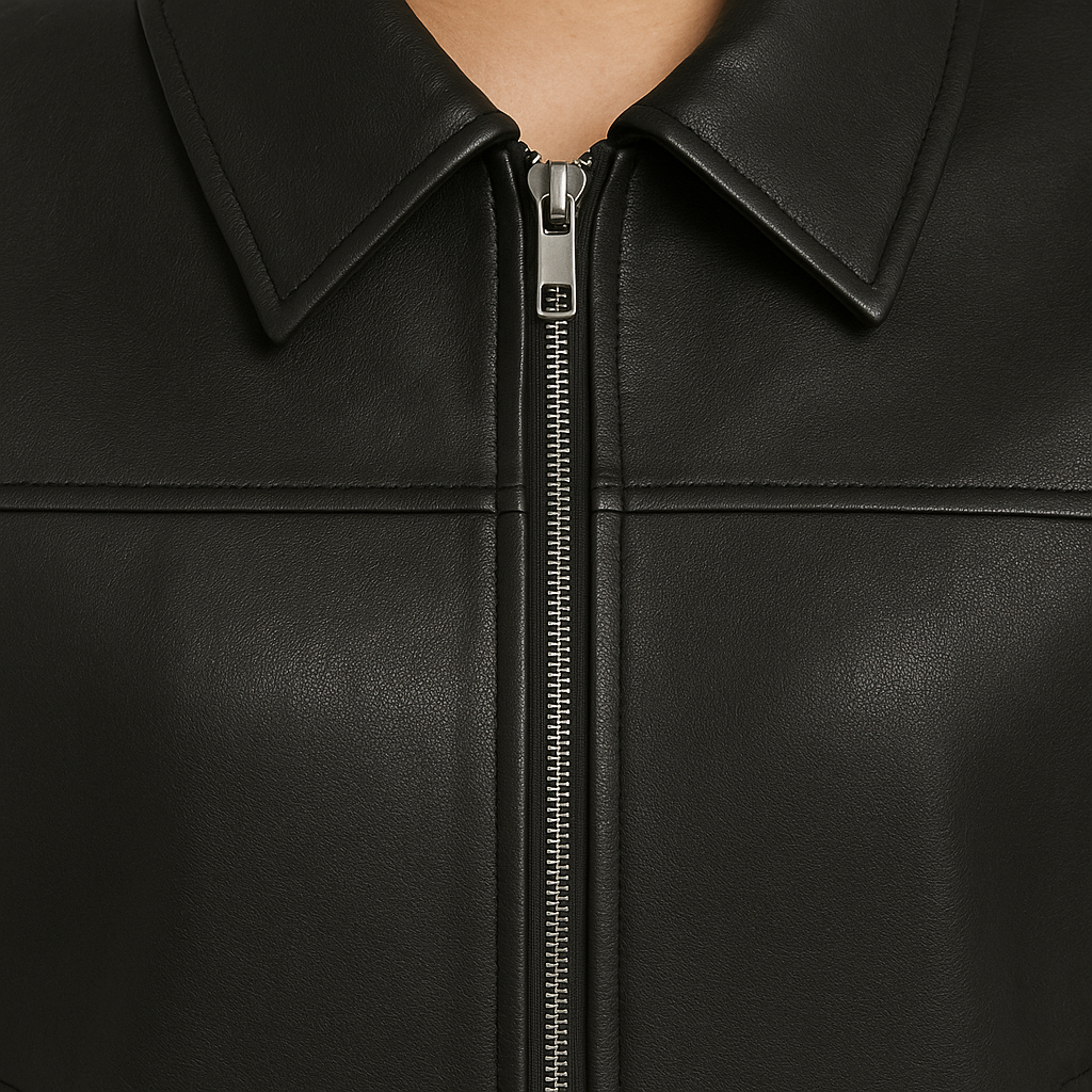 Faux leather zip-up jacket with collared neckline and relaxed fit, styled for a sleek and modern look